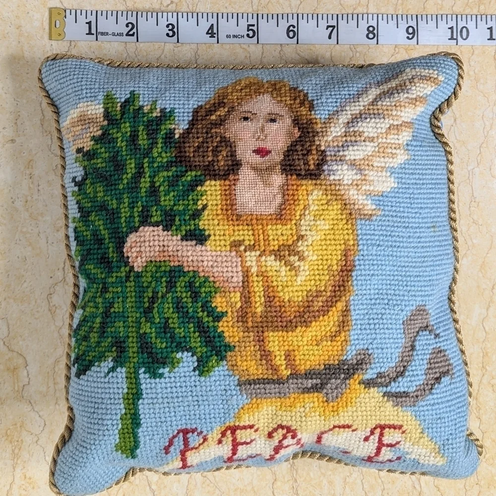 Vintage Style Needlepoint Christmas Holiday Angel Small Peace Pillow